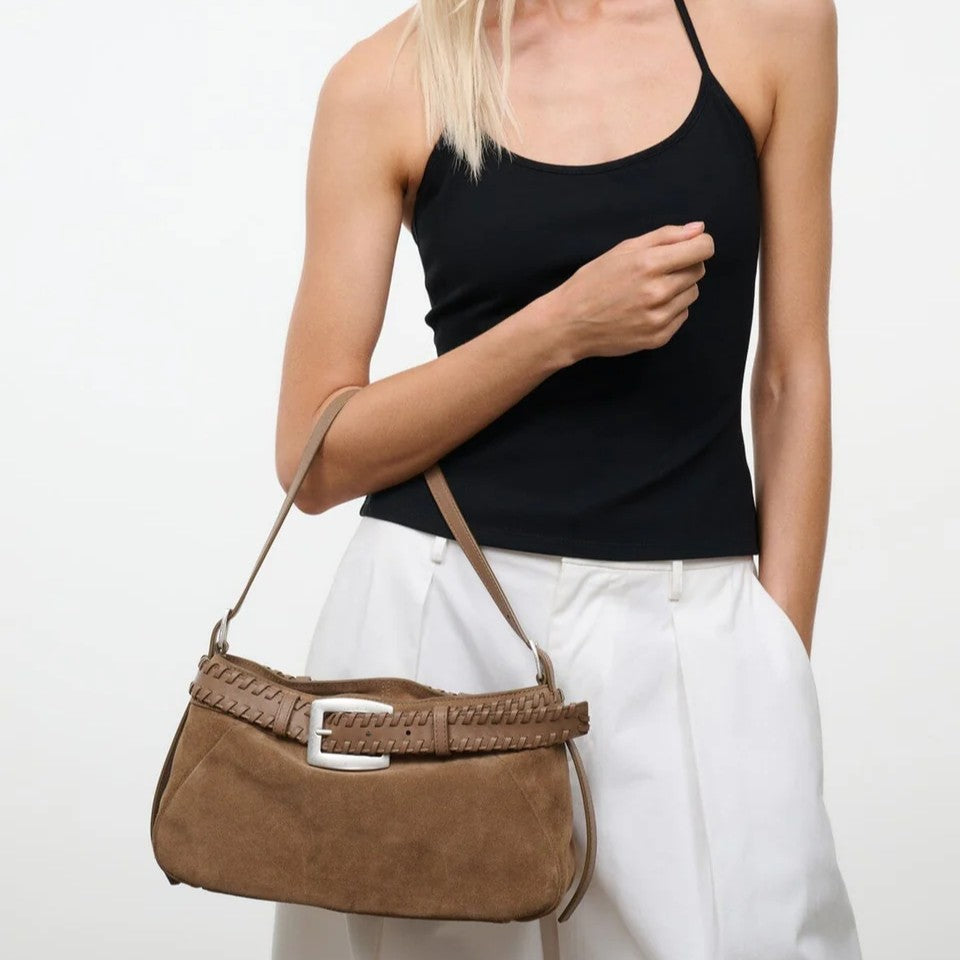 Tan Suede Woven Belt Buckle Shoulder Bag