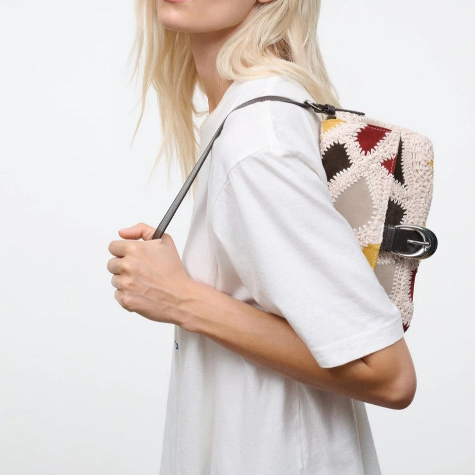 Crochet Patchwork Suede Flap Shoulder Bag