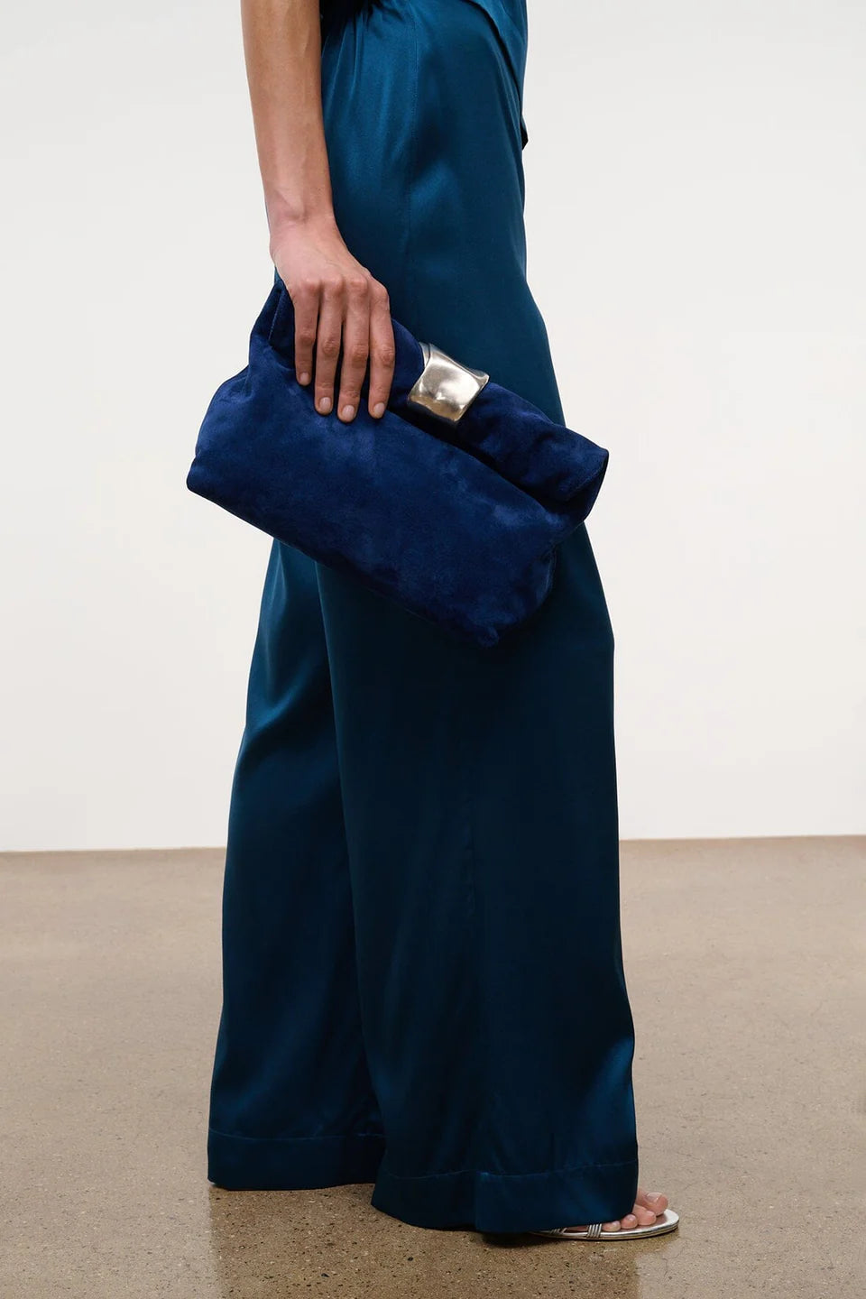 Royal Blue Suede Cuff Draped Metal Clutch Crossbody Bag