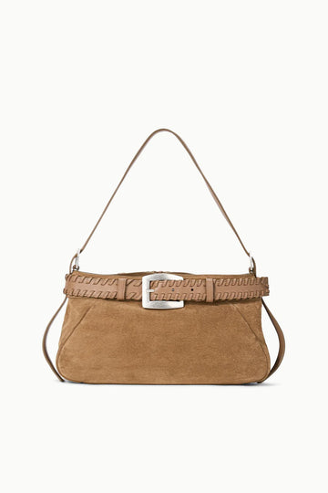 Tan Suede Woven Belt Buckle Shoulder Bag