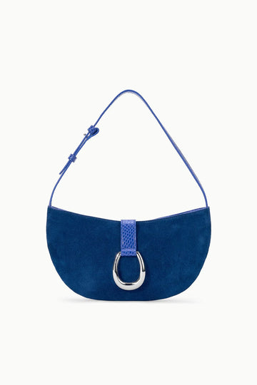 Cobalt Suede Harlow Crescent Shoulder Bag with Moon Buckle