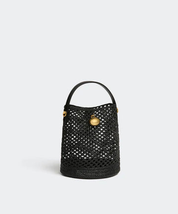 Handwoven Lambskin Mini Bucket Bag with Gold Egg Charm