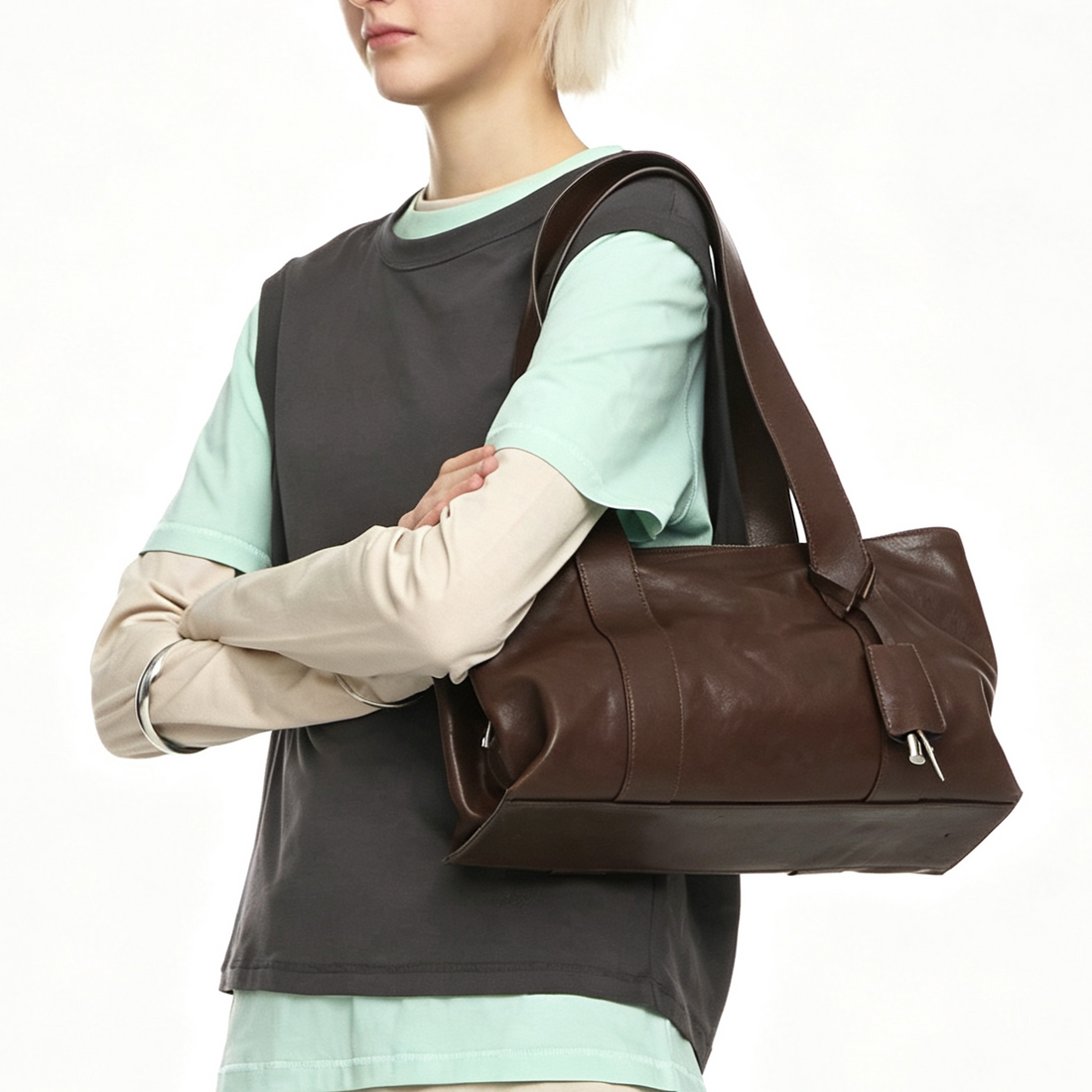 Soft Sheen Voluminous Shell Shoulder Bag with Key Charm